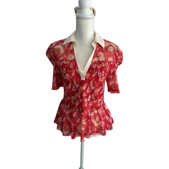 MAEVE Red Floral Collared Smocked Blouse Size Medium - Picture 4 of 10